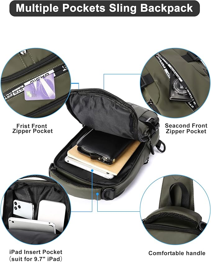 Small Sling Crossbody Backpack Shoulder Bag for Men, Lightweight One Strap Backpack Sling BacK pack for Hiking Walking Biking Travel Cycling USB Charger Port-Nylon (Olive Green)