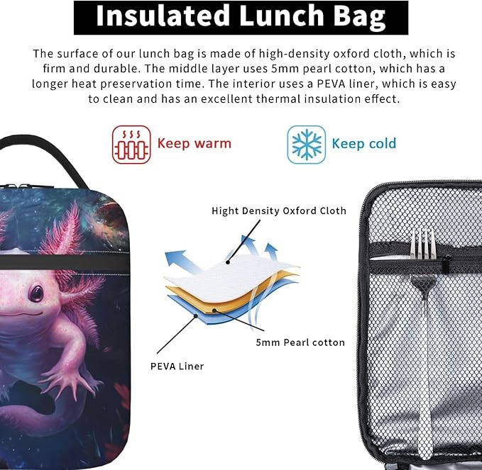 Axolotl Lunch Box for Women Kids Girls Men Insulated Lunch Bag Lunchbox Adults Lunch Tote Bags Reusable Cooler for Work Office School Picnic Travel