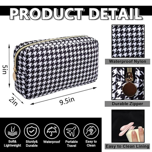 Small Makeup Bag Pouch for Purse，Nylon Travel Toiletry Storage Bag Cute Houndstooth Cosmetic Bag for Women Girls，Waterproof Makeup Organizer Bag Pouch Skincare Bag with Zipper (Small-Houndstooth)