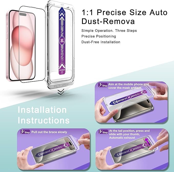 2 Pack Screen Protector Tempered Glass for iPhone 16 for iPhone 15 for iPhone 14 Pro 6.1-Inch Auto Dust Removal, No Bubbles, High Definition Clear, Easy Installation