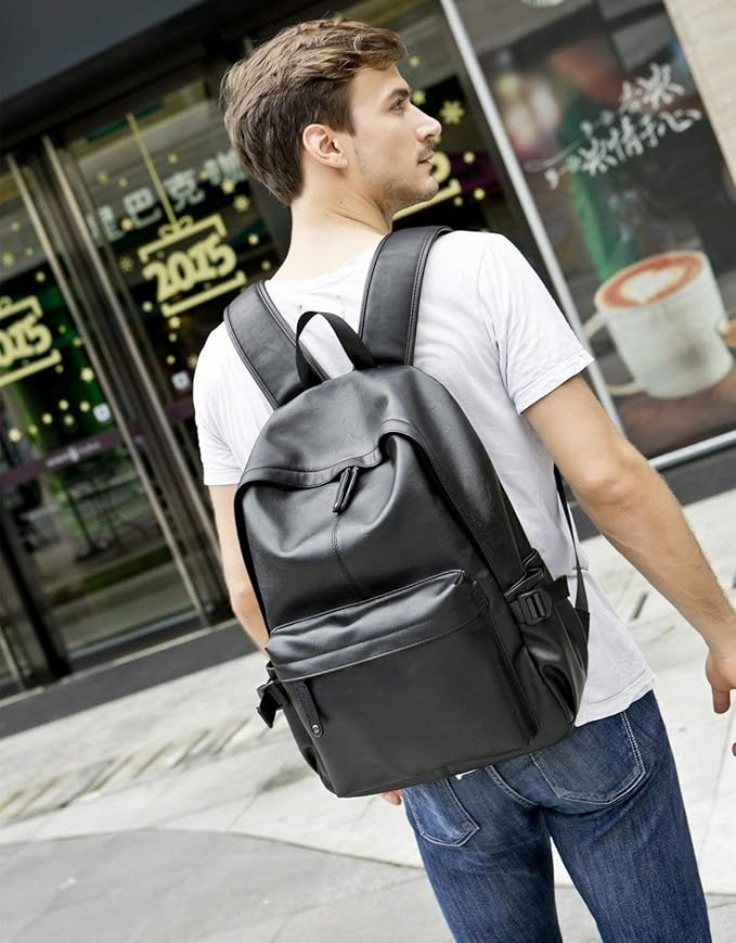 Baosha BP-08 Unisex PU Leather Computer Laptop Bag 15.6 inch Backpack Shoulder Bags Travel Hiking Rucksack Casual Daypack Black