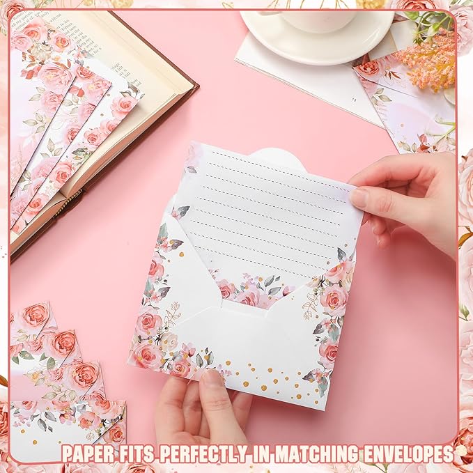 TaoBary 160 Pcs Stationery Paper Set 50 Double Sided Stationery Papers with 50 Matching Envelopes and 60 Round Dot Sticker, 10 Design(Pink Floral,5.5 x 8.25 Inch)