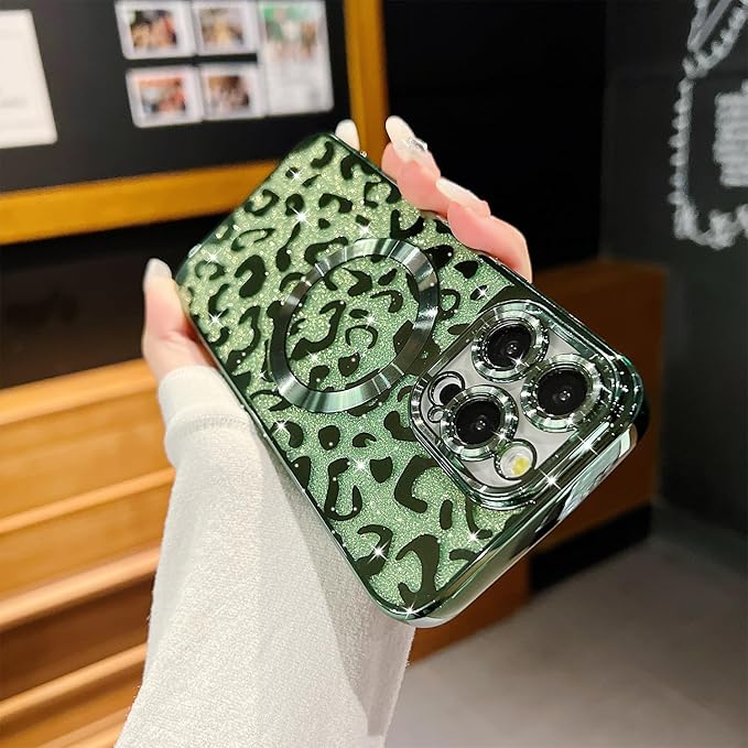 for iPhone 15 Pro Max Case Magnetic,Soft Cute Luxury Leopard Cheetah Pattern Plating Glitter Bling Phone Case Compatible with MagSafe Clear Shockproof Back Cover for Women Girl 6.7"-Green
