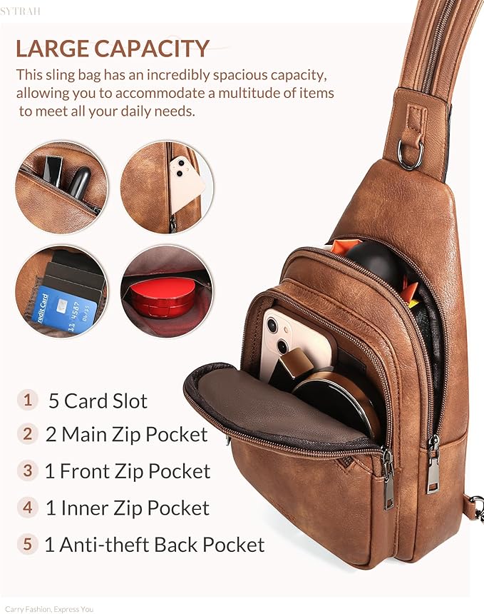 Sling Bag for Women, Crossbody Bags for Women Trendy Crossbody purse Vegan Leather Sling Backpack Chest Bag with Dual Purpose Strap, Mocha Brown