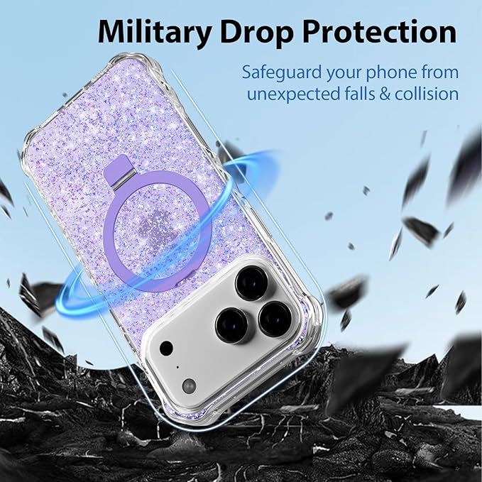 Magnetic for iPhone 17 Pro Case with Invisible Stand, Compatible with MagSafe, Clear Bling Sparkle Shockproof Slim Anti-Slip Military Drop Protection Hard Phone Case 6.3" Glitter Purple