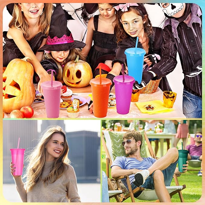 Honeydak 100 Pack Tumbler with Straw and Lid Bulk Glitter Plastic Cups Water Bottle Iced Coffee Travel Mug Reusable Party Favor Cups for Birthdays travel 24-27 oz (Vintage Color)