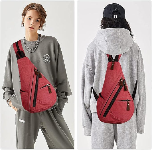 HuxFam Sling Bag for Women Men Crossbody Backpack Canvas Convertible Chest Bags Outdoor Travel Hiking Cycling Shoulder Daypack,Red
