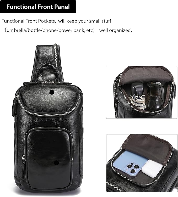 LANNSYNE Vintage Full Grain Leather Sling Bag Crossbody Chest Daypack