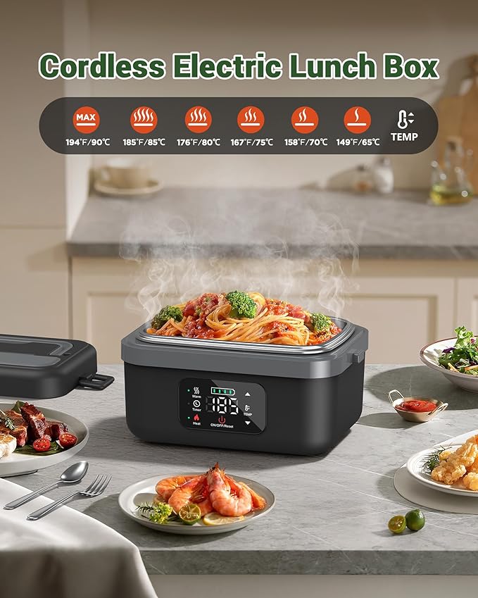 ODSD Cordless Electric Lunch Box for Adults, 16000mAh Rechargeable Self-Heating Lunch Box Food Warmers with Timer & Adjustable Heating, 34oz/1L Container with Insulated Bag for Office Car Outdoor