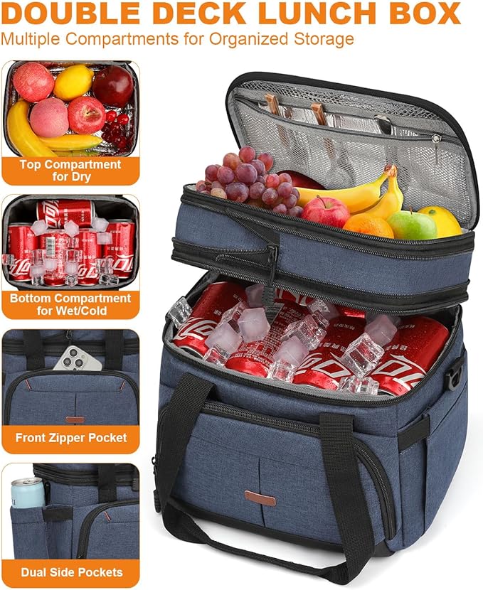 Lunch Box For Men Women Double Deck Insulated Lunch Bag For Men Woman Leakproof Expandable Cooler Bag with Adjustable Shoulder Strap for Work Picnic School(Blue,16L)