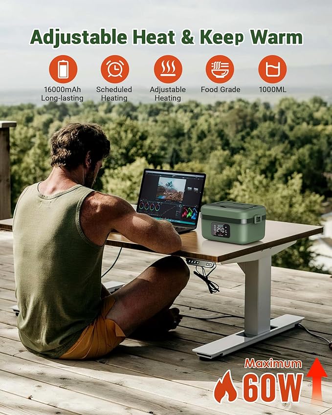 ODSD Cordless Electric Lunch Box for Adults, 16000mAh Rechargeable Self-Heating Lunch Box Food Warmer with Timer & Adjustable Heating, 34oz/1L Container with Insulated Bag for Office Car Outdoor