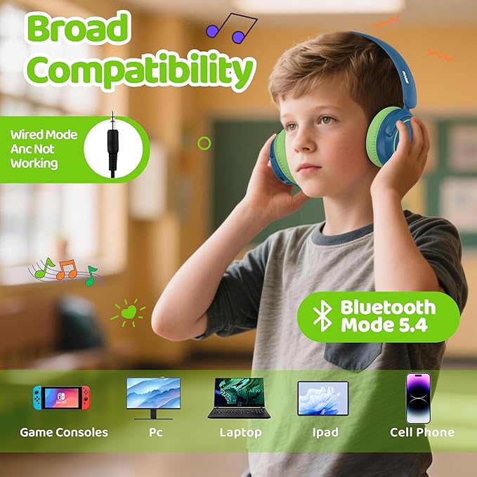 MIDOLA Active Noise Cancelling Kids Headphones Bluetooth 5.4 Wireless Volume Limited 85/94dB,Type C Fast Charging,Over Ear Foldable with Mic Aux Cord for Toddler Child Pad Tablet Green