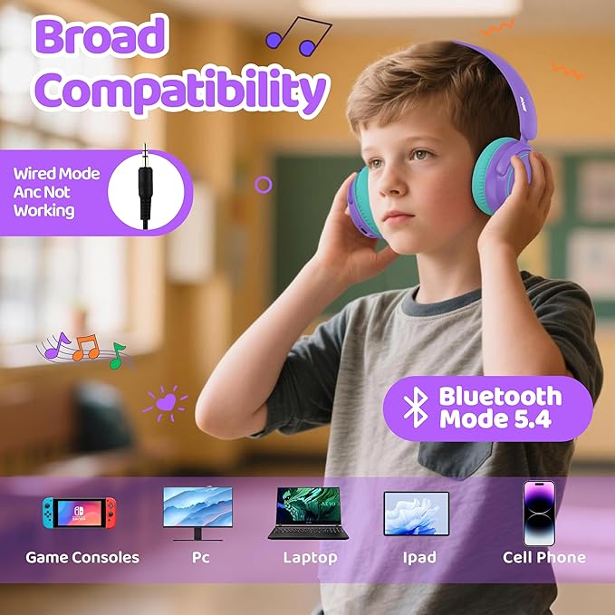 MIDOLA Active Noise Cancelling Kids Headphones Bluetooth 5.4 Wireless Volume Limited 85/94dB,Type C Fast Charging,Over Ear Foldable with Mic Aux Cord for Toddler Child Pad Tablet Purple