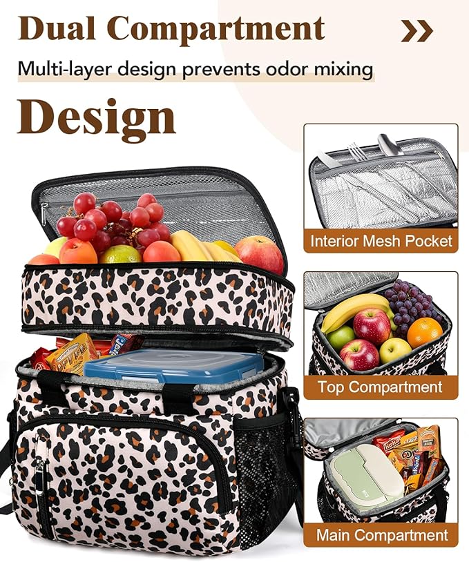 Lunch Box for Women, Double Insulated Lunch Bag Reusable Leakproof Cooler Bag Portable Picnic Food Bag, Adult Lunch Tote Lunch Bag for Work, Construction Worker, Truck Driver-Leopard Print