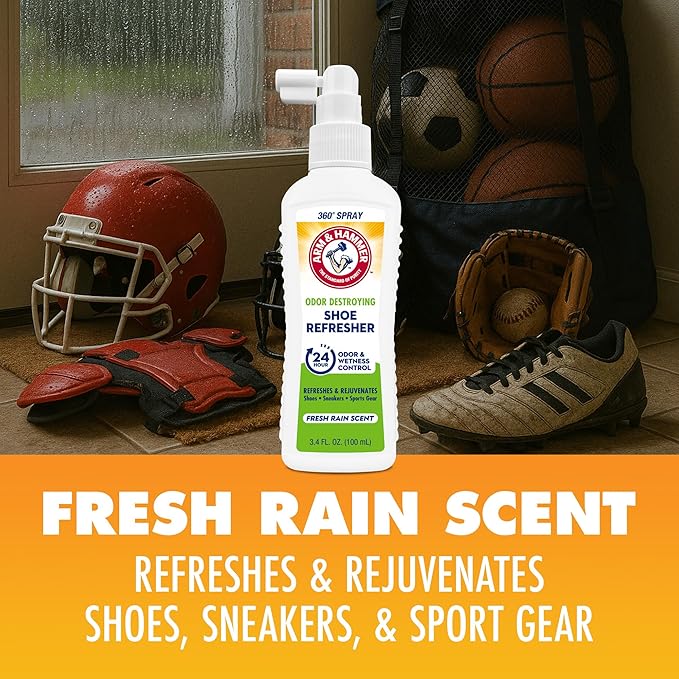 Arm & Hammer Shoe Refresher Spray, Odor Eliminator for Sneakers, 24 Odor & Wetness Control, Aerosol-Free Shoe Deodorizer Spray, Fresh Rain Scent, 3.4 oz