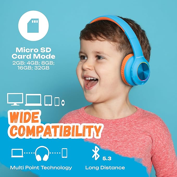 PowerLocus PLED Kids Bluetooth Headphones, Kids Wireless Headphones with LED Lights, 74/85/94dB Safe Volume, Micro SD, AUX Cable, Hi-Fi Stereo, Built-in Mic Over Ear Kid Headphone for Travel/Tablet/PC