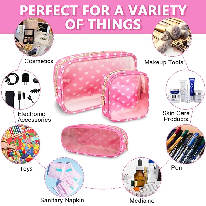 Clear Small Pencil Pouch Makeup Bag for Purse,Nylon&PVC Pencil Case Waterproof Makeup Brush Holder with Zipper,Preppy Transparent Pen Bag Travel Cosmetic Bag for Women Office(Slim-Pink Heart)