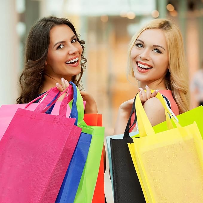 Jexine 100 Pcs Non Woven Tote Bags Large Reusable Gift Grocery Foldable Fabric Shopping Bags Multi Color Party Treat Reusable Goodie Totes with Handles for Party Holiday Favor, 14 x 10 x 4 In