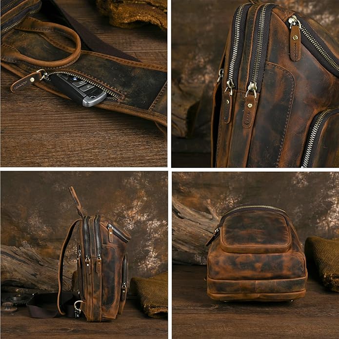 Thick Crazy horse Leather Triangle Crossbody Sling Chest Bag Travel One Shoulder Bag Daypack For Men Male 3028