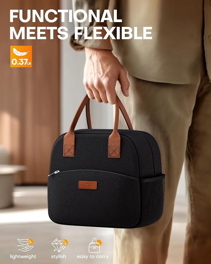 HOTOR Lunch Bag for Women & Men - Wear-Resistant & Leak-Proof Insulated Lunch Box with Large Capacity, Multi-Functional Cooler Bag for Office, Picnic, Black, 12L, 12.20" x 6.30" x 10.20"