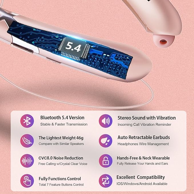 Neckband Bluetooth Headphones, Bluetooth 5.4 Wireless Headphone with Retractable Earbud,CVC8.0 Noise Cancelling, 15Hrs Playtime, IPX5 Waterproof Around The Neck Headphones for Sport (Rose Gold 2025)