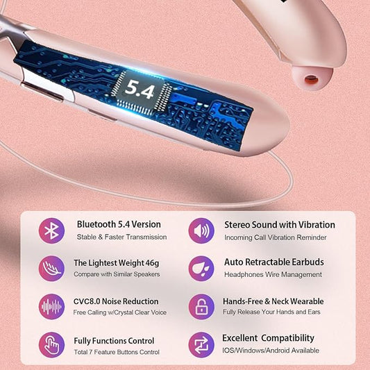Neckband Bluetooth Headphones, Bluetooth 5.4 Wireless Headphone with Retractable Earbud,CVC8.0 Noise Cancelling, 15Hrs Playtime, IPX5 Waterproof Around The Neck Headphones for Sport (Rose Gold 2025)