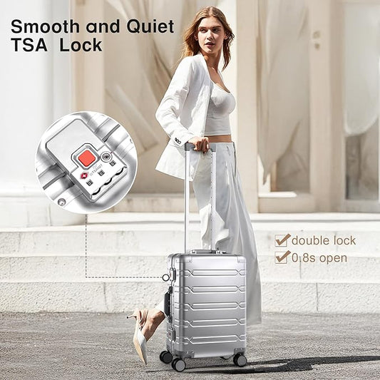 All Aluminum Carry On Luggage 22x14x9 Airline Approved，Zipperless Luggage Premium Aluminum Suitcase Luggage, Hard Shell Carry On Luggage with Spinner Wheels (silver, 20inch)