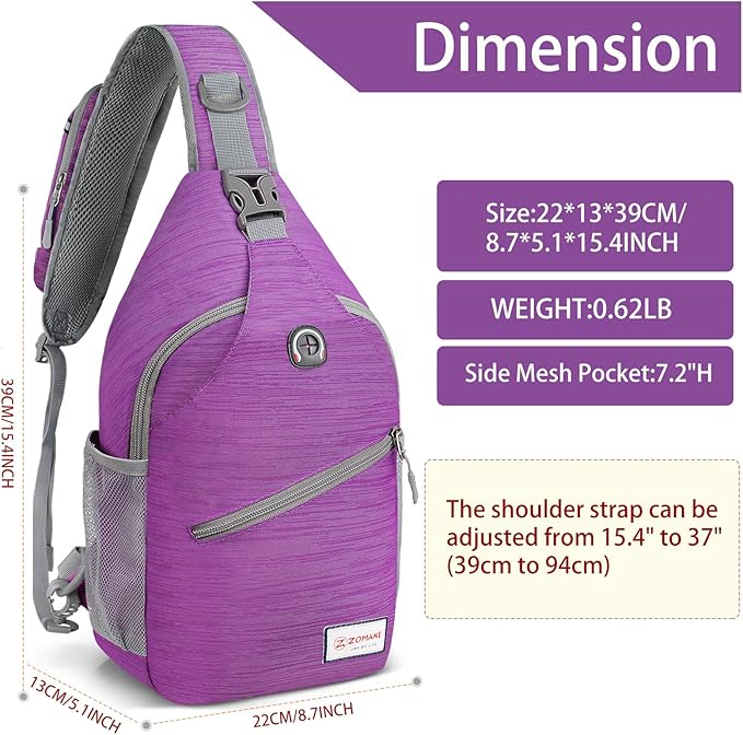 ZOMAKE Sling Bag,Small Crossbody Sling Backpack,Water Resistant Shoulder Daypack for Travel,Anti Thief Chest Bag for Hiking(Purple(Stripe))