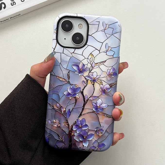 QLTYPRI Flower Case for iPhone 13/14, Aesthetic Cute Floral Phone Case for Girls Women, Protective Hybrid 2-Layer Hard Shell Silicone Cover Durable Shockproof Phone Cover - Vintage Magnolia