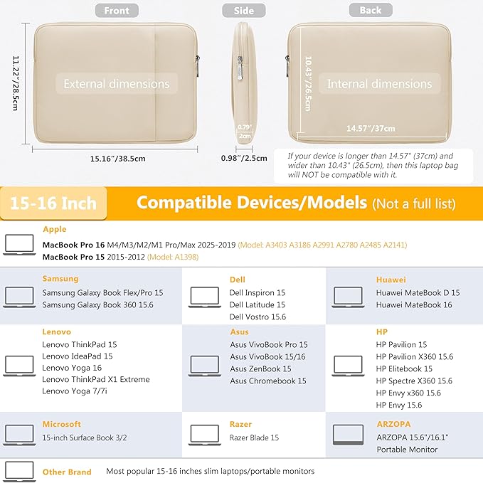 HYZUO 15-16 Inch Laptop Sleeve Bag Set for MacBook Pro 16 M4/M3/M2/M1 Pro/Max, 15" Surface Book, Notebook Case for 15" 15.6" HP Dell Lenovo ThinkBook Asus Acer Samsung Huawei, Sand