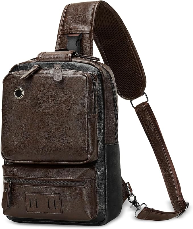 Vintage PU Leather Sling Backpack for Men, Crossbody Bag, Adjustable Shoulder Strap, Compact Backpack for Travel, Daily Use, and Gift, Dark Brown