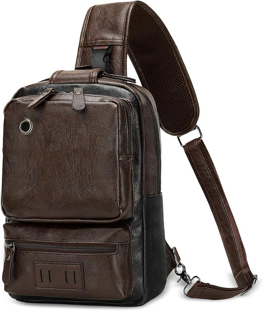 Vintage PU Leather Sling Backpack for Men, Crossbody Bag, Adjustable Shoulder Strap, Compact Backpack for Travel, Daily Use, and Gift, Dark Brown