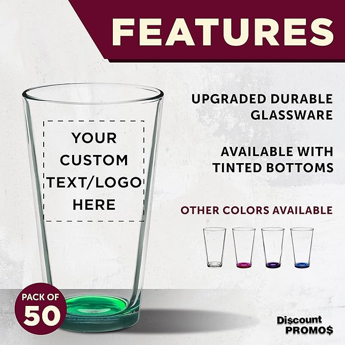 Custom Arc Pint Glass 16 oz. Set of 50, Personalized Bulk Pack - Beer Glasses, Heavy Duty Drinkware - Green