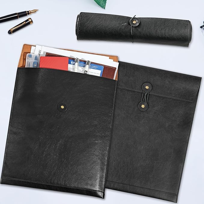 Black PU Leather File Folder for Documents,Important Document Folder with String Tie,Laptop Sleeve Notebook Case,Leather File Organizer, A4 Envelopes Filing Folder