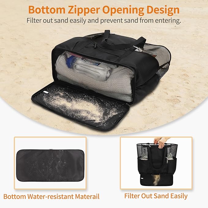 Mesh Beach Bag, Extra Large Beach Bags for Women, Lightweight Foldable Sandproof Tote Bag for Family & Vacation