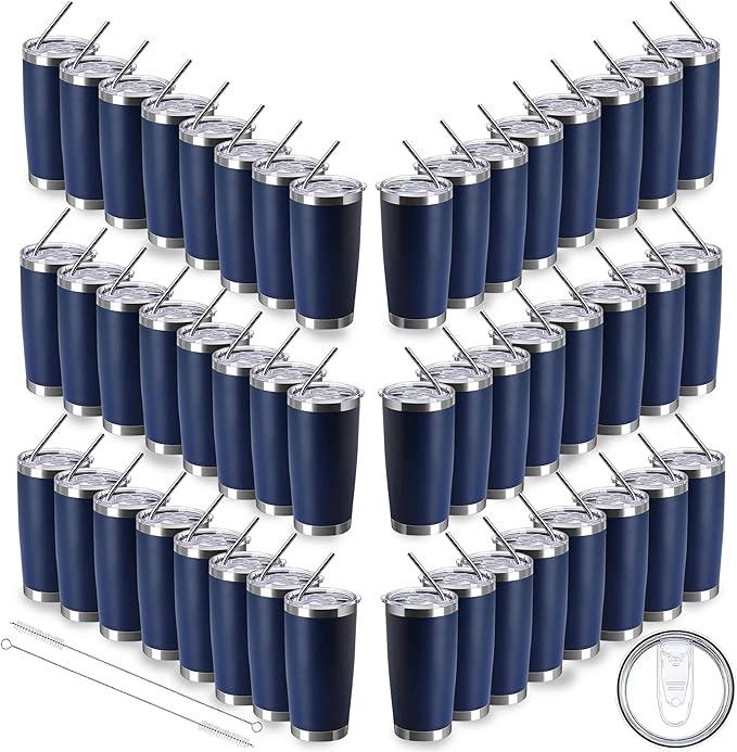 20oz insulted tumblers stainless steel cup Tumbler Bulk with push Lid, and metal straw powder coated coffee cup for cold and hot drinking (48, navy blue)