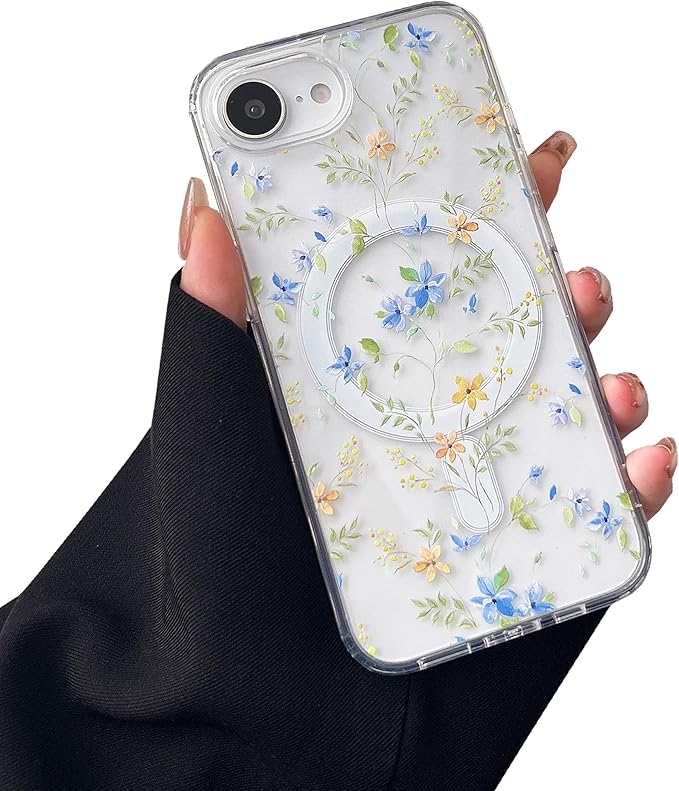 ZTOFERA for iPhone 16e Magnetic Case Compatible with Magsafe,Aesthetic Floral Pattern Design Cute for Girl Women,Anti-Drop Protective Hard Phone Cover for iPhone SE 4/16e-Blue Flower