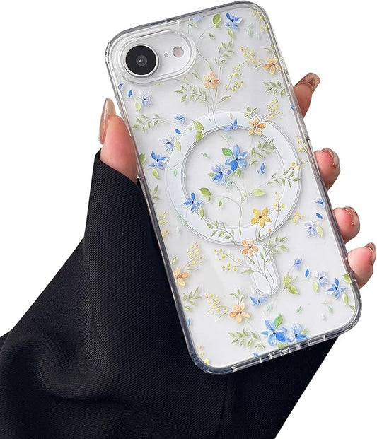 ZTOFERA for iPhone 16e Magnetic Case Compatible with Magsafe,Aesthetic Floral Pattern Design Cute for Girl Women,Anti-Drop Protective Hard Phone Cover for iPhone SE 4/16e-Blue Flower