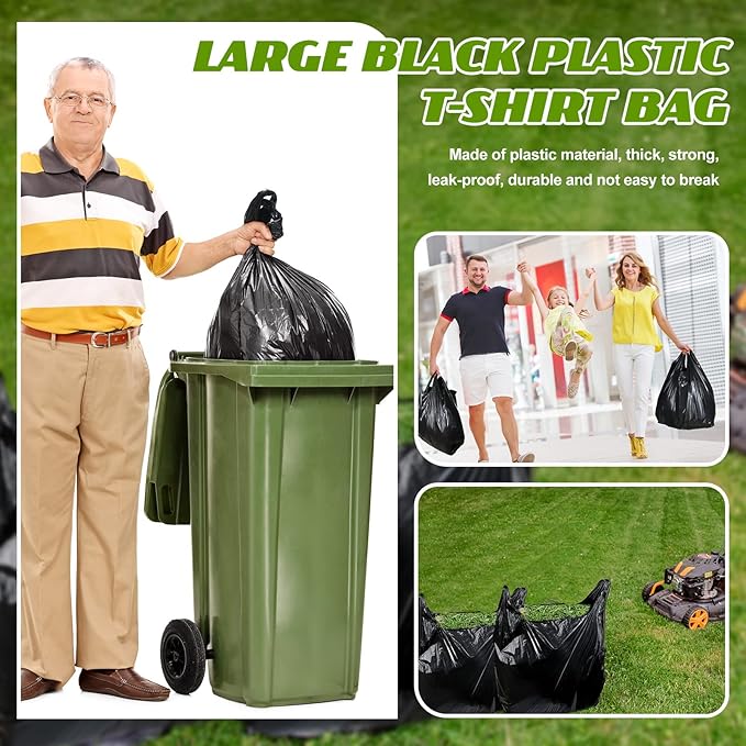 Kisston 400 Count Jumbo Size Plastic T Shirt Bags with Handles, 35 Mic, XX Large Plain Plastic T Shirt Grocery Bags, Thick and Heavy Duty (Black,25" x 15")