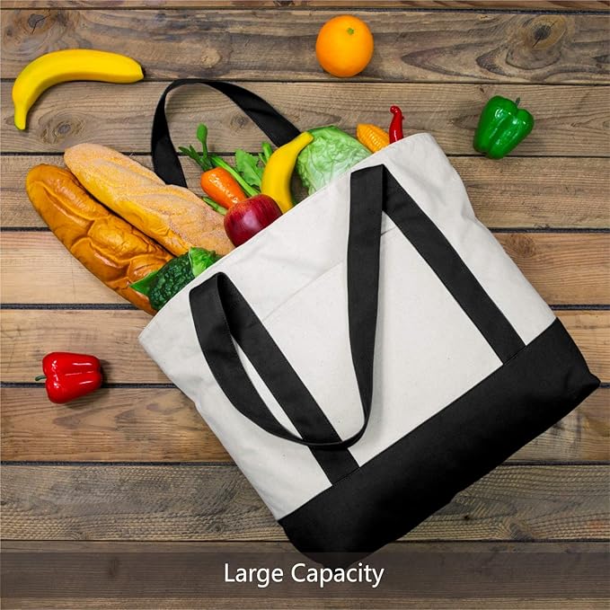 TOPDesign 30-Pack Canvas Tote Bags with an External Pocket, Reusable Grocery Shopping Bags, Top Zipper Closure, Daily Essentials (Black/Natural)