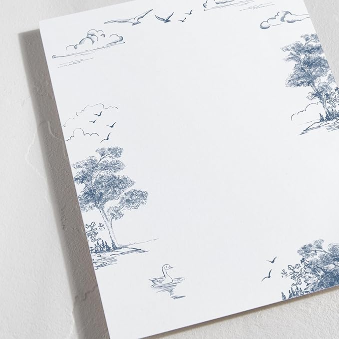 Minted Lake Side Toile Stationery Set, Set of 10 Flat Note Cards & Envelopes for Invitiations and Handwritten Thank You Messages, Toile Design, Lake & Forest Scene, Gifts for Women, Luxurious Paper