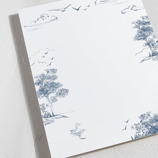Minted Lake Side Toile Stationery Set, Set of 10 Flat Note Cards & Envelopes for Invitiations and Handwritten Thank You Messages, Toile Design, Lake & Forest Scene, Gifts for Women, Luxurious Paper