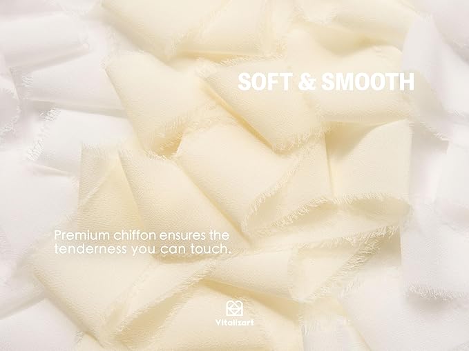 Vitalizart White Handmade Chiffon Silk Ribbon Fringe 1.5" x 21 Yd Frayed Edges Ribbons for Wedding Invitations Bridal Bouquets Gifts Wrapping Crafts Holiday Party Decorations