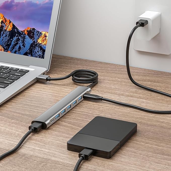 USB Hub Long Cable, 8 Ports USB 3.0 Adapter with 6 USB 3.0 Data Ports,USB-C Data,USB Splitter with USB C 5V/3A Power Port, 47IN/120CM Main Cable for Laptop PC