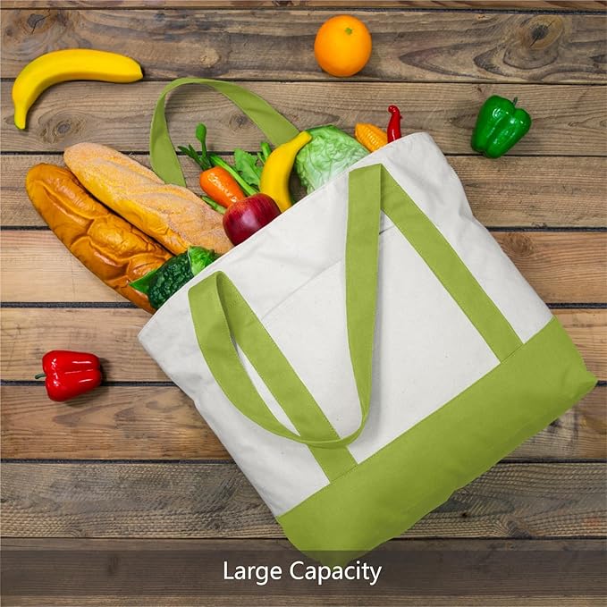 TOPDesign 3-Pack Canvas Tote Bags with an External Pocket, Reusable Grocery Shopping Bags, Top Zipper Closure, Daily Essentials (Light Green/Natural)