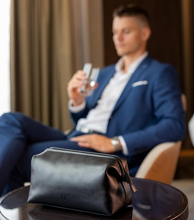 NV Holders Premium Genuine Leather Toiletry Bag for Men - The Ultimate Travel Dopp Kit and Hygiene Organizer, Perfect Men's Toiletry Travel Bag (Black)