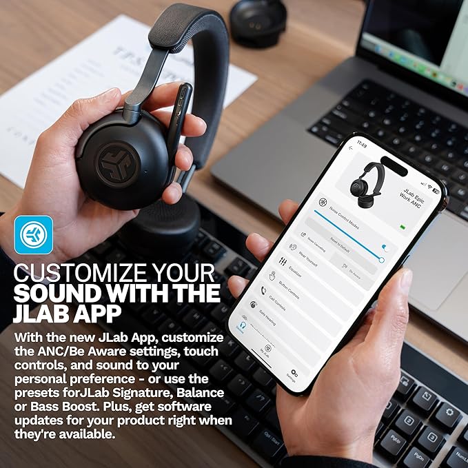 JLab Epic Work Wireless Headset with Microphone, Smart Active Noise Cancellation, Charging Hub, 90+ Playtime, Quick Mute, Bluetooth Headphones, Multipoint Connect, PC, Laptop, Mobile, (1 Pack)