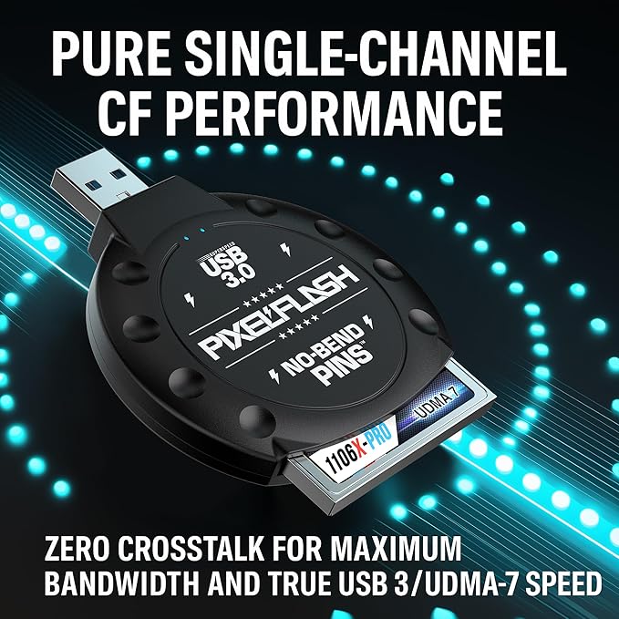 PixelFlash CF Card Reader (Black) - Compact Flash Memory Card Adapter with USB 3.0, 5GB/s File Transfer, No-Bend Pins, Supports UDMA-7, Anti-Slip & Anti-Scratch, Compatible with Most Brands & OS