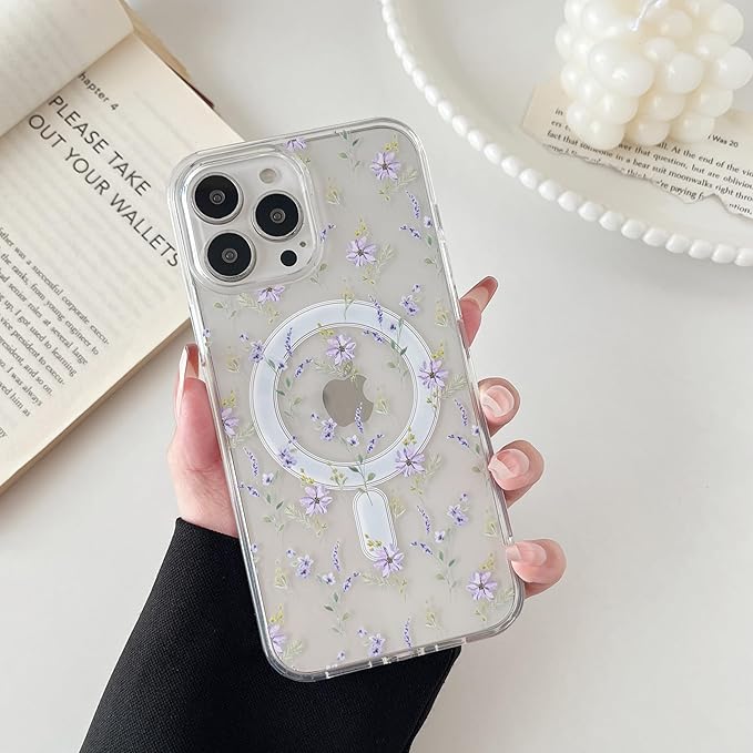 ZTOFERA for iPhone 14 Pro Max Magnetic Case Compatible with Magsafe,Aesthetic Floral Pattern Design Cute for Girl Women,Anti-Drop Protective Hard Phone Cover for iPhone 14 Pro Max-Purple Flower