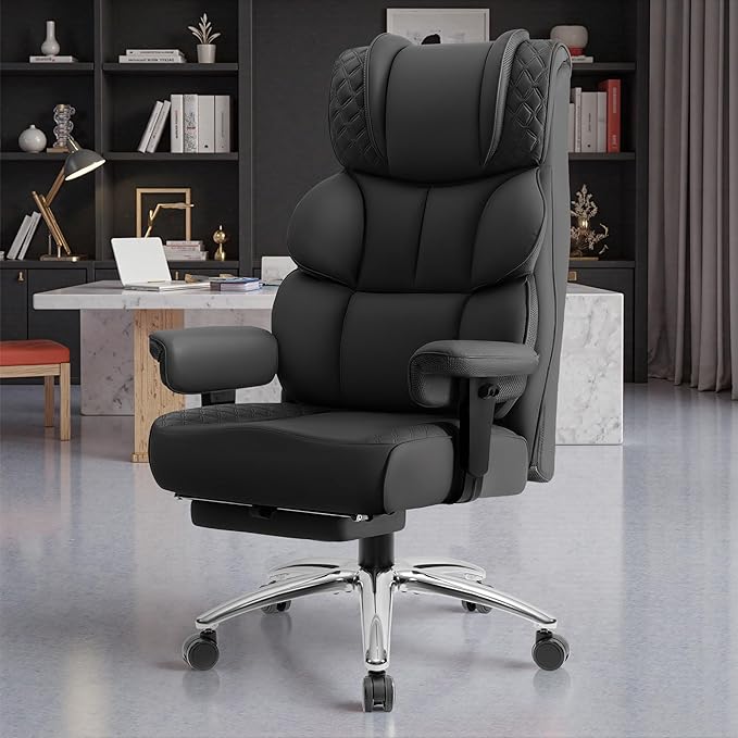 Office Desk Chair, Big and Tall Leather Gaming Chair with Footrest, Wide Ergonomic Comfy Executive High-Back Reclining Computer Chairs, Swivel Rolling Wheels and Padded Lumbar Support, Black